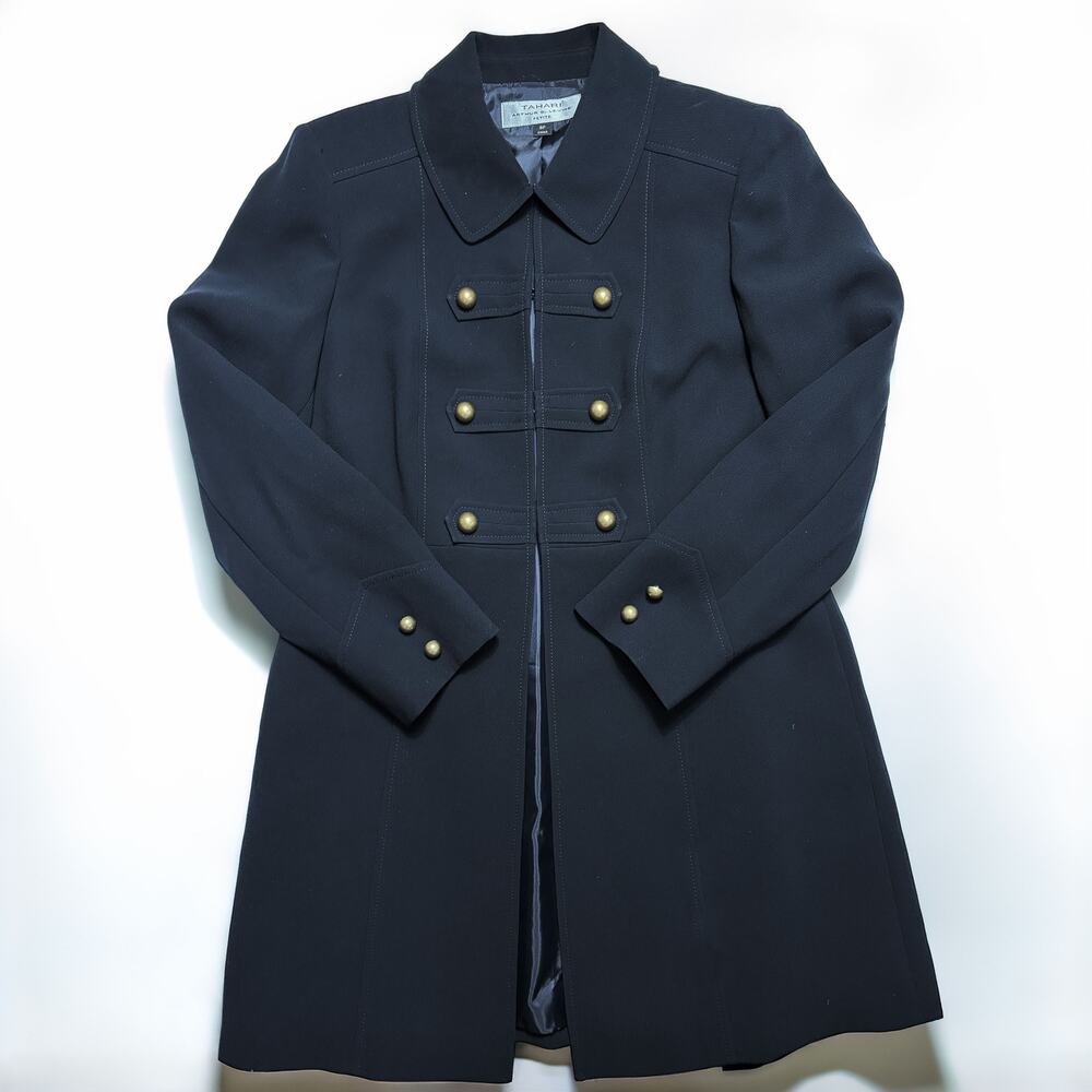 Tahari Arthur S Levine Military Napoleon Long Blazer Black Gold Buttons 8P
